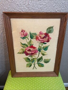 Framed Embroidered Rose Floral Art - Pink & Green